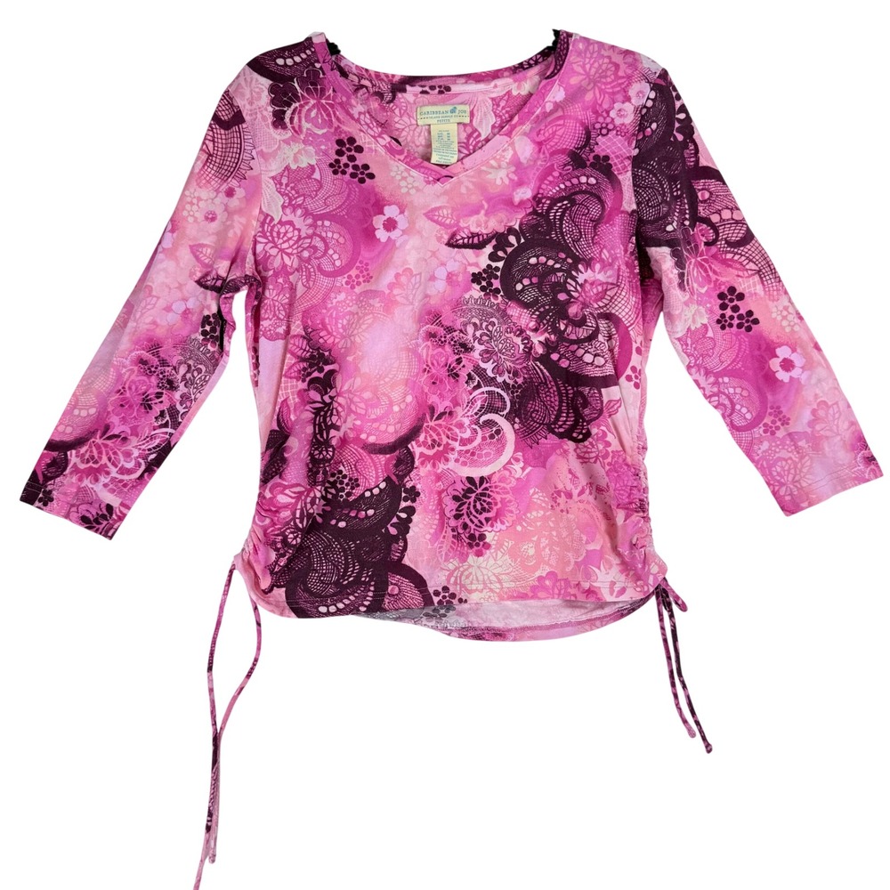 Caribbean Joe V-Neck Top Womens Medium Petite Pink Floral Ruched Y2K Tropical